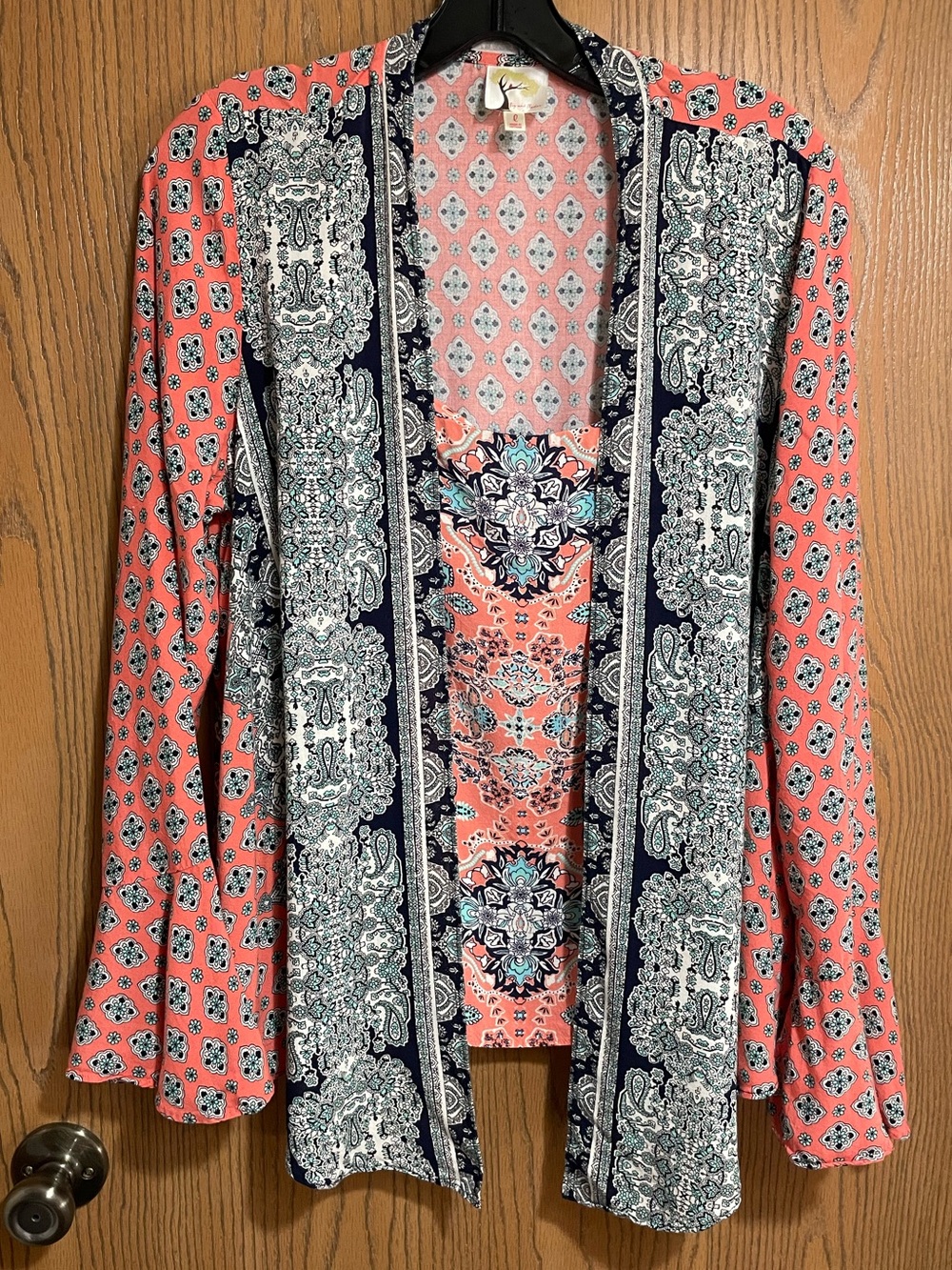 Unique Orange Paisley Top with Navy Printed Faux Cardigan - Picture 1 of 7
